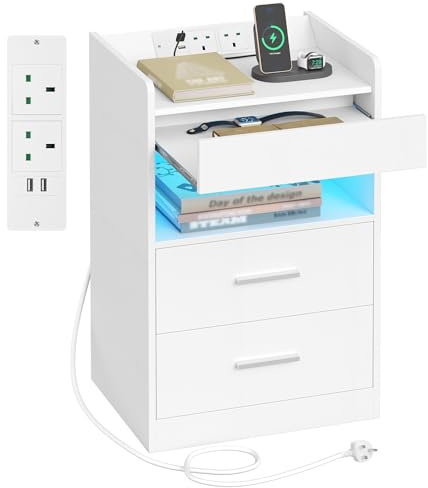 Hzuaneri Bedside Table with Power Strip and LED, Pull-Out Tray, White | Bedside Cabinet with 2 Drawers, Side Table with Open Compartment, Nightstand for Living Room, Bedroom, Study, NS33503XUK