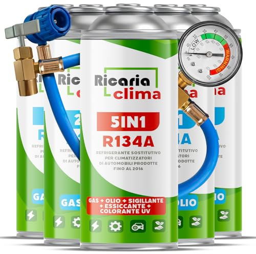 Ricaria Clima - 5in1 + 4X Air Con Recharge R134a & Oil 235g per Can, for Car Air Conditioning, Containing Sealant, UV Dye, Desiccant + Hose – Protects the Compressor