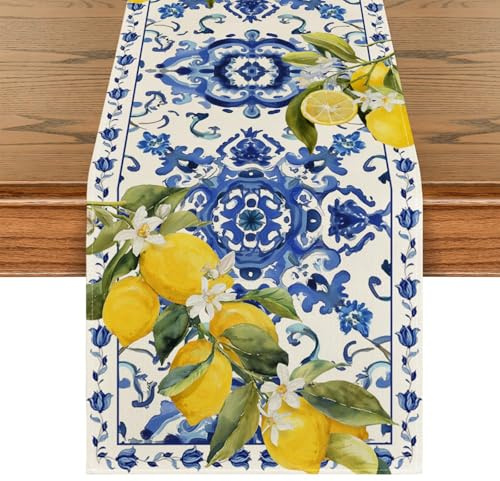 Tupenofif Runner da tavola, Runner da Tavolo Limoni mediterraneo Estate Blu Bianco Giallo Moderno Tavolo Giardino Lavabile Poliestere Outdoor Primavera Decorazione Cucina Tavolo da Pranzo Effetto