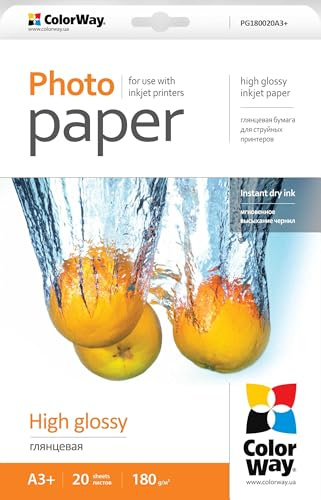 ColorWay Premium Hochglanz Fotopapier 180g/m² A3+ 20 Blatt – Inkjet Druckpapier, wasserfest, brillante Farben
