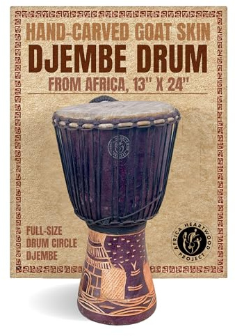 Africa Heartwood Project Hand-Carved Djembe Drum from Ghana - 13x24 Authentic African Drum Circle Village Djembe - Solid Wood & Natural Goat Skin - Ready to Play Out of the Box Musical Instrument