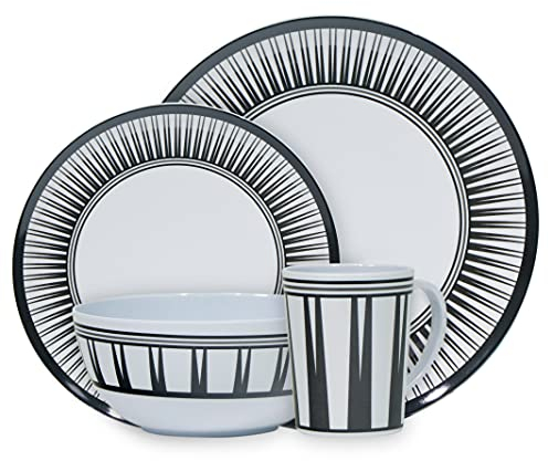 Leisurewize LWACC237 Melamine 16 Pcs Dinner Set - Plates, Bowls, Mugs, Side Plates - Geometric Stripe, Heat Resistant, Dishwasher Safe