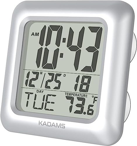 KADAMS Digital Bathroom Shower Clock, Waterproof for Water Spray, Temperature Thermometer, Seconds, Calendar Date Month Day, Suction Cups, Table Stand, Hanging Rope Wall Clock - Silver Frame