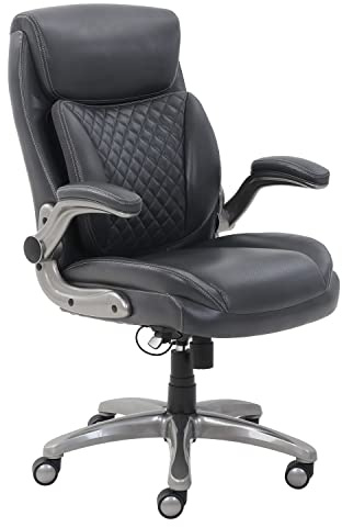 Amazon Basics Ergonomic Executive Office Chair with Adjustable Lumbar Support, Flip-up Arms, Height Adjustable, 360° Rolling Swivel, Computer Desk Chair, Grey Leather