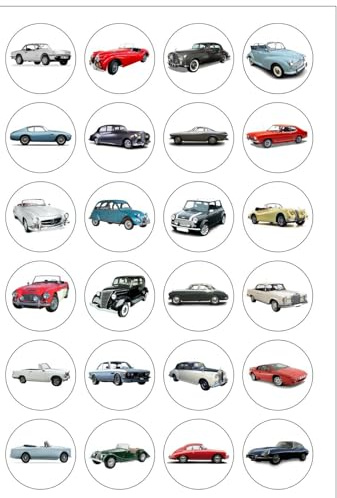 24 Precut 40mm Round Classic Vintage Cars Edible Wafer Paper Cake Toppers