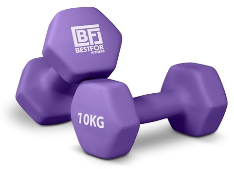 Bestfor Pair of 10kg Hex Anti Roll Non Slip Neoprene Dumbbell Weights For Exercise, Fitness, Workouts, Lifting with Exercise Chart