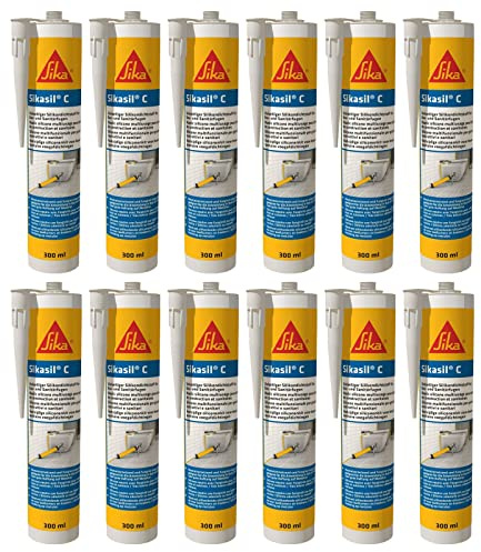 12x Sikasil C Neutralvernetzender Silikondichtstoff für Sanitär- und Baufugen 300ml Kartusche (Transparent)