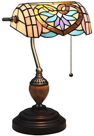 GAUUA Tiffany Bank Desk Lamp Baroque Style Stained Glass Desk Lamp with Pull Switch for Bedside Table Living Room Bedroom Bookcase