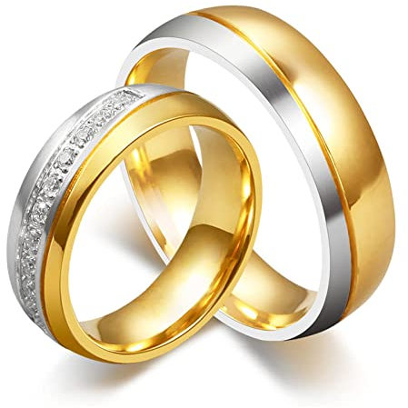 ANAZOZ Paar Ringe Personalisierte, Partnerringe mit Gravur Bandring Edelstahl Zirkonia Weiß Hochzeit Ringe 6mm Gold Größe 49 bis 70
