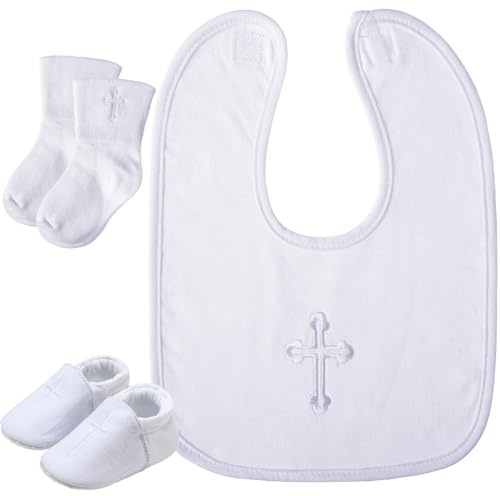 5 Pcs Baptism Gifts for Boys Girls Including White Embroidered Cross Bib Christening Shoes and Socks for Baby Infant Toddler First Communion Outfit (6-12 Month)