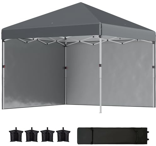 Outsunny 3 x 3 m Pop Up Gazebo with 2 Sidewalls, Wheeled Bag, Dark Grey | UPF 30+, Leg Weight Bags, Height Adjustable, Party Tent Event Shelter, Garden, Patio