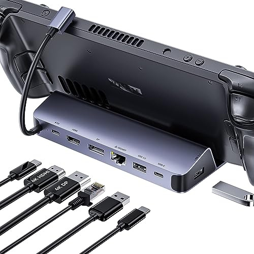 QUUGE Steam Deck Dock Dual Monitor, 7 in 1 Docking Station with HDMI 2.0 & DisplayPort 1.4 4K60Hz, 2*USB-A & USB-C 5Gbps, 1000Mb Gigabit, 100W Charging, Grey, for Steam Deck | DisplayPort 1.4, Gigabit Ethernet, 100W PD input, 5Gbps USB ports, anti-slip base, for laptop and desktop workflows, for work