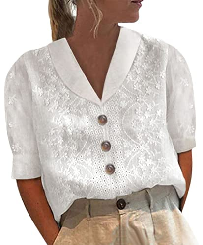 Onsoyours Chemisier Femme T-Shirt Manche Courte Dentelle Oversized Lin Coton Blouse Tunique Casual Col V Couleur Unie Hauts Sexy Mode Chemise Tops Z3 Blanc M
