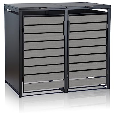Zelsius Mülltonnenbox 2er Mülltonnen | (B) 132 x (T) 80 x (H) 117 cm | Anthrazit RAL7016 | Tür in hellgrauer Holzoptik mit Erweiterungsmöglichkeit | Mülltonnenverkleidung, Garten Müllbox