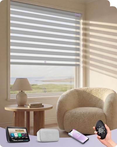 Graywind Wool-Touch Motorised Zebra Blinds, Light Filtering Dual-Layer Faux Wool Weave, Custom Smart Electric Day Night Blinds with Rechargeable Motor, Semi Sheer, Works with Alexa Google, Light Grey