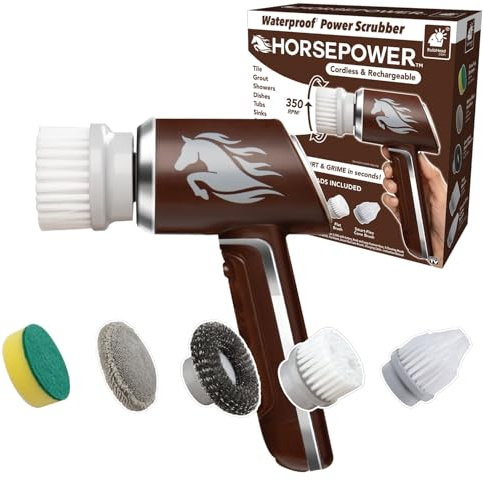 Horsepower Scrubber, Waterproof, Electric Power, Spins 350 RPM, 5 Brush Heads, AS SEEN ON TV, Cleans Dirt & Grime, Tile, Grout, Bathrooms, Kitchen, Auto Rims, Outdoor Furniture & More, Rechargeable