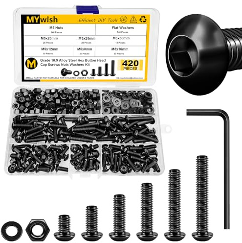 420Pcs M5 Nuts and Bolts, M5 Screws x8mm/12mm/16mm/20mm/25mm/30mm, Metric Screw Assortment 10.9 Grade Alloy Steel, Hex Button Head Cap Metric Screws, Flat Washers/Nuts/Hex Wrenches Black by Mywish