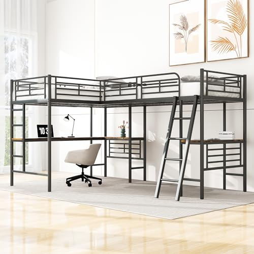 Kinderbett Hochbett 90x200cm,zwei Etagenbetten Metallbett mit 2 Schreibtisch und Doppeltreppe,Doppelbett Funktionsbett Stockbett Jugendhochbett mit Rausfallschutz und Lattenrost,Schwarz,Ohne Matratze