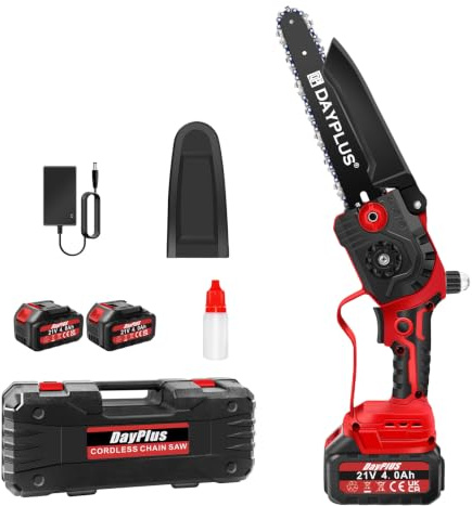 Elektrische Mini-Kettensäge, kabellos, 8 Zoll, mit 2 Batterien, 2 Ketten und Transportkoffer, tragbare Kettensäge mit Akku, für Garten, Hof, Äste und Holzschnitt, Rot