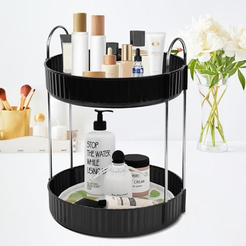 Zufudo Drehbarer Make-up-Organizer, 2 Etagen, Lazy Susan Tabletts, drehende Hautpflege, Parfüm-Aufbewahrung für Badezimmer, Theke, Waschtisch, Schwarz