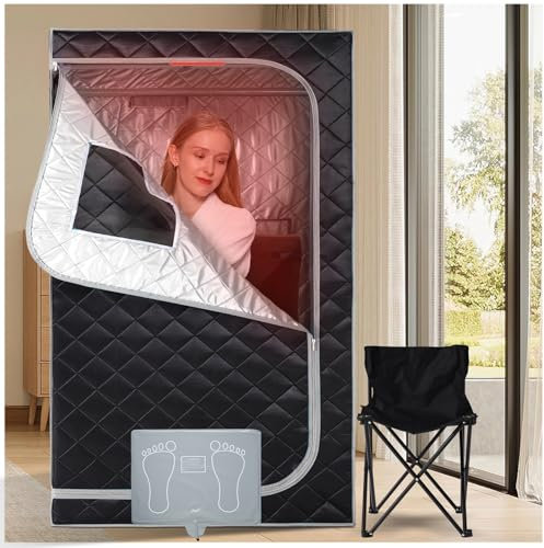 Smartmak Portable Infrared Sauna Box for Home with 660nm Red Light Therapy Lamp, Full Body Dry Sauna Tent, Personal Saunas with 6 Heaters, Heated Foot Pad, Foldable Chair for Body Recovery, BlackGrey