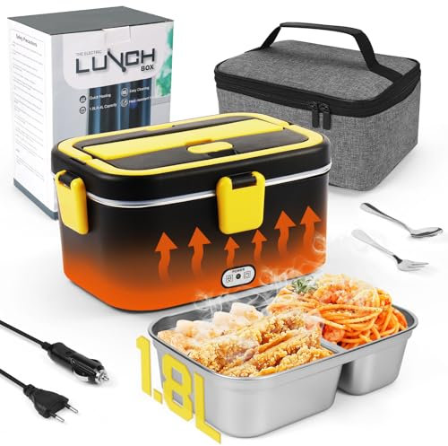 MOOKLIN ROAM 1.8L Scaldavivande Elettrico Portatile, 80W Lunch Box 220V/24V/12V per Auto Camion e Ufficio, 3 in 1 Porta Pranzo Riscaldabile in Acciaio Scaldavivande Portatile (Nero/Giallo)