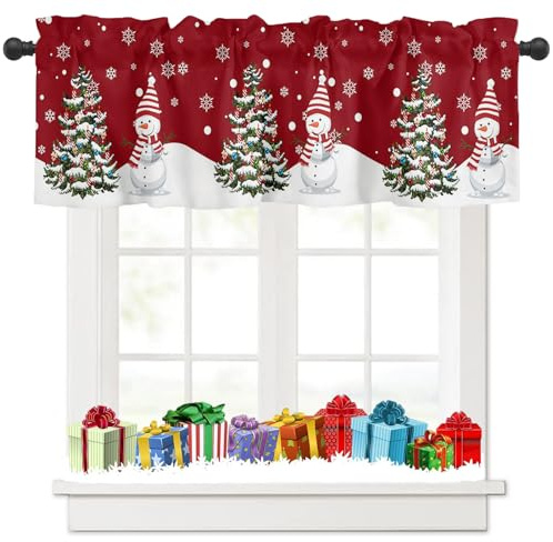 Tokusyou Weihnachten Scheibengardine Gardinen Deko Weihnachtsgardine Rot Vorhang Der Schneemann Weihnachtsbaum Schneeflocken Muster Blickdicht Bistrogardinen für Küche Fenster B 137 × H 45 cm
