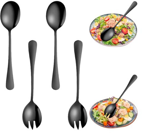 LINGJIA 4 Pezzi Forchette Acciaio Inox, Posate per Insalata in Acciaio Inox, Posate per Insalata Nere, Forchetta e Cucchiaio per Insalata, Adatto per L'uso in Ristoranti, Case, Hotel, Picnic
