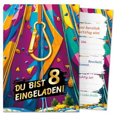 JuNa-Experten 12 Einladungskarten zum 8. Kindergeburtstag Jungen Mädchen Klettern Kletterpark coole bunte Einladungen achte Geburtstag