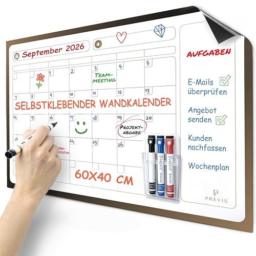 PREVIS Calendrier Mensuel Mural Effacable A3 40X30CM avec 3 feutres - Tableau organisateur mural Planning Mensuel - Planificateur Calendrier Mural 2026 Grand Format Familial