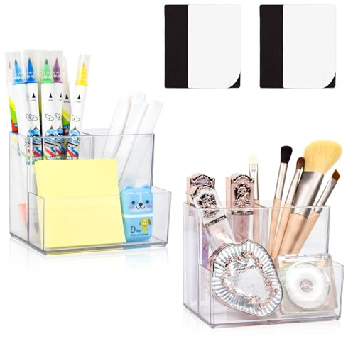 Marte Vanci Lot de 2 porte-crayons en acrylique transparent pour pinceaux de maquillage - Organiseur de bureau - Pot à crayons - 4 carrés magnétiques - Accessoires de bureau - 3 emplacements