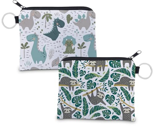 2 Pcs Coin Purse Girls Boy Cute Dinosaur Sloth Coin Bag with Zipper, Design Animal Small Wallet Card Key Ring Wallet, Portable Mini Coin Pouch, Kids Purse for Women Men