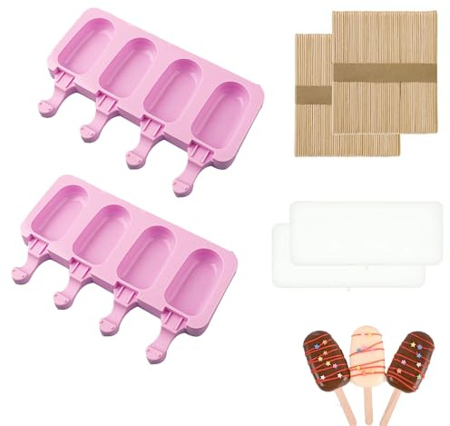 Eisformen Eis am Stiel Silikon 2 Stück, 4 Hohlräume Antihaftend Eisformen Silikon Mit 100 Holz Stiele, BPA Frei, Weiß, für Kreative DIY Eisstange Gefrorenes Eis am Stiel eisform