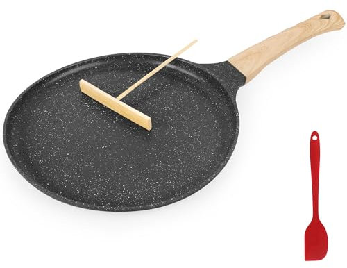AUROAY 26cm Non Stick Crepe Pan with Spreader,Granite Coating Pancake Flat Skillet Tawa Griddle with Stay-Cool Handle,Frying Pancake Pan Induction Hob Gas Stove Compatible,PFOA Free