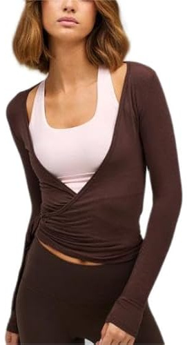Felcia Frauen Y2k Ballett Wrap Top Langarm Tiefer V-Ausschnitt Slim Fit Yoga Pilates Ballet Workout Tops Frühling Kleidung (A-Coffee, M)