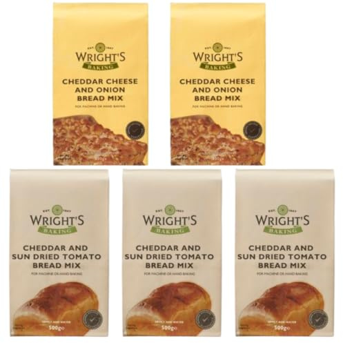 Cheddar & Onion Bread Mix 2X500g & Cheddar & Sundried Tomato Bread Mix 3X500g – Savoury for Bread Maker & Oven Baking – No Yeast Needed – For Loaves, Rolls & Pizza Bases
