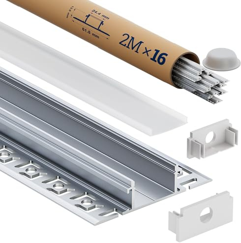 Oscilunaria LED Trockenbauprofil 2m 16 Stück – LED Strip Kanal/Schiene mit Diffusor Leiste | Led Aluprofil für led-Streifen bis 20mm, Größe 61.8 × 13.8mm | Inkl. Endkappen (SA02, 2M 16 Stück)