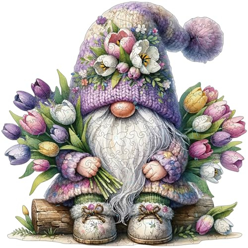 Gnome Wooden Puzzles for Adults, 300pcs Gnome Wooden Jigsaw Puzzles for Adults, Flowers Unique Shaped Jigsaw Puzzles Creative Gift for Friend Family Game Large Size 15'' x 14.1''