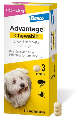 Advantage Chewable 112mg Chewable Tablets for Dogs >2.5-5.5kg (3 pack), Flea and Tick Treatment, Fast Acting Kills Fleas Within Hours, Prevention Lasts For A Month, Easy To Administer