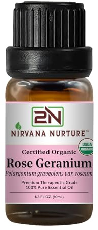 Nirvana Nurture Rose Geranium Essential Oil, USDA Certified Organic, 100% Pure Undiluted, Aromatherapy Oil for Diffuser, Hair & Skin Care