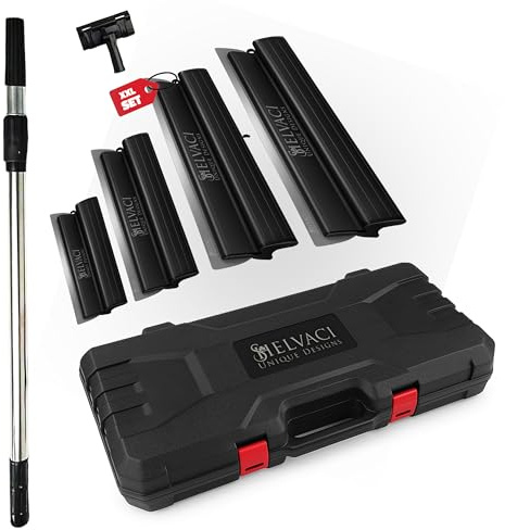 SHELVACI UNIQUE DESIGNS® - 4 x Profi Flächenspachtel Set INKL. Teleskopstange für Trockenbau Schwarz (Edelstahl-Klinge) für Trockenbau, Verputzen & Tapeten entfernen - Spachtel & Glättspachtel (breit)