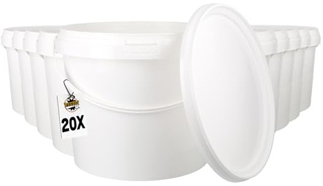 20 Cubos con tapa de 4l Blancos redondos | Cubos de plástico aptos para alimentos y productos delicados | herméticos y estables | Cubos vacíos con asa y tapa para alimentos, detergente en polvo