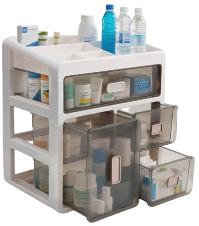 Petyoung Rangement pour Médicaments, Organiseur pour Armoire à Pharmacie à 4 étages, Boîte à Pharmacie en Plastique avec 4 tiroirs, Boîte à Médicaments pour La Maison, Le Bureau, Le Dortoir