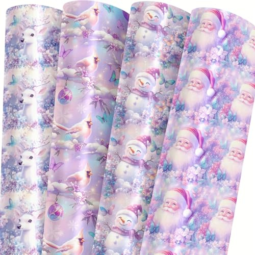 Lyroiphic Lila Geschenkpapier Weihnachten Set – Schneemänner, Weihnachtsmann, Rentiere & Kardinal | Weihnachtspapier für Geschenke & Basteln | 8 Bögen Gefaltet 50×70 cm