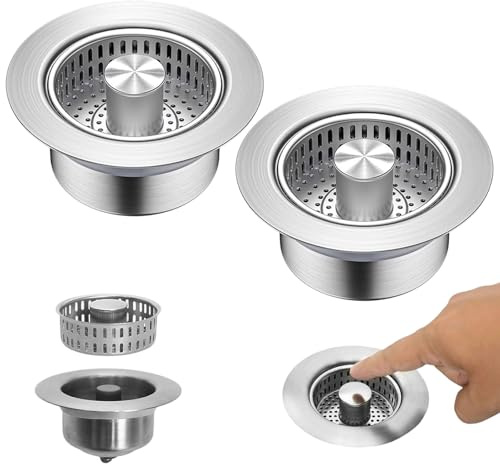 FMPXYYA Abflusssieb Küche 2 Stück – 3-in-1 Edelstahl Spülbecken Stöpsel 108mm x 70mm, Spülbecken Sieb mit Geruchsstopper, Filtereinsatz & Stöpsel für Spülbecken, Abflussfilter gegen Verstopfung, LAN