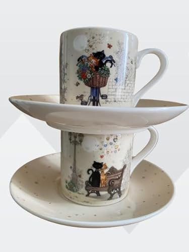 KIUB Set de 2 mini tasses avec soucoupes dans coffret cadeau- motifs chats amoureux sur un banc public et sur un vélo - porcelaine fine - hauteur 6CM -contenance 100ML