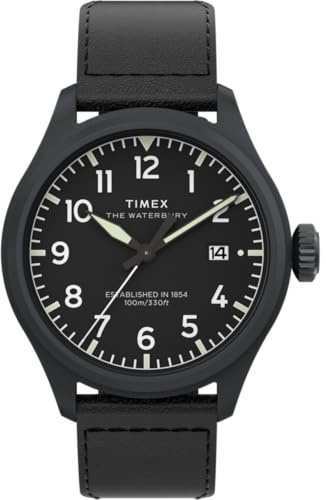Timex Waterbury Ace TW2Y18900 - Orologio al quarzo da Uomo, 41 mm, cinturino in Pelle nera Con quadrante Nero e cassa nera