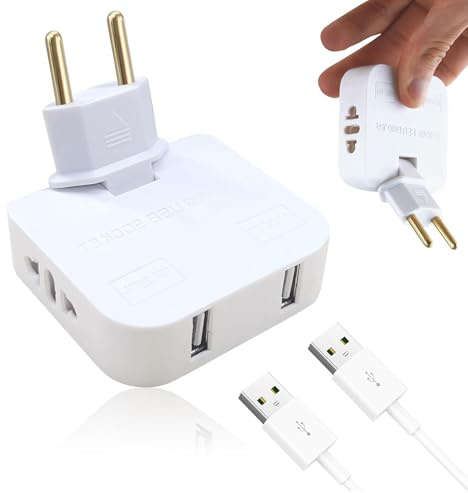 Flachstecker Mehrfachsteckdose mit mit 2 USB-Buchsen, Steckdosenadapter Flach mit 180°-Drehgelenk, EU-zu-US-Adapter für Zuhause, Büro, Reisen