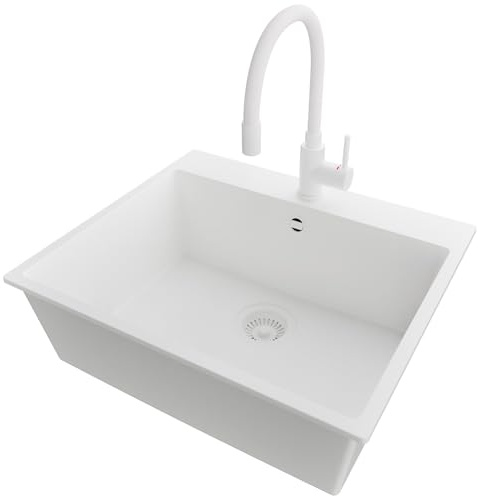 PRIMAGRAN Fregadero Granito al Mueble 60cm + Grifo, 58x50cm | Set: Grifo BW6020 + Kit de desagüe (sifón, válvula, rebosadero) + Riga 1 Seno para Cocina, Todo Blanco