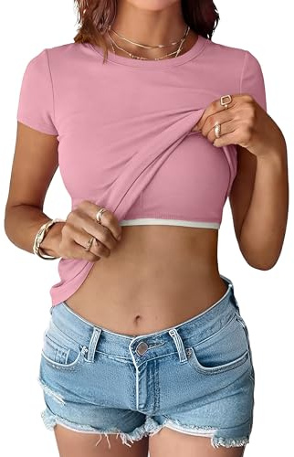 ANRABESS Womens Short Sleeve Tops Built in Bra 2026 Summer T Shirts Slim Fitted Going Out Y2K Basic Tee Vacation Clothes Dusty Pink Medium